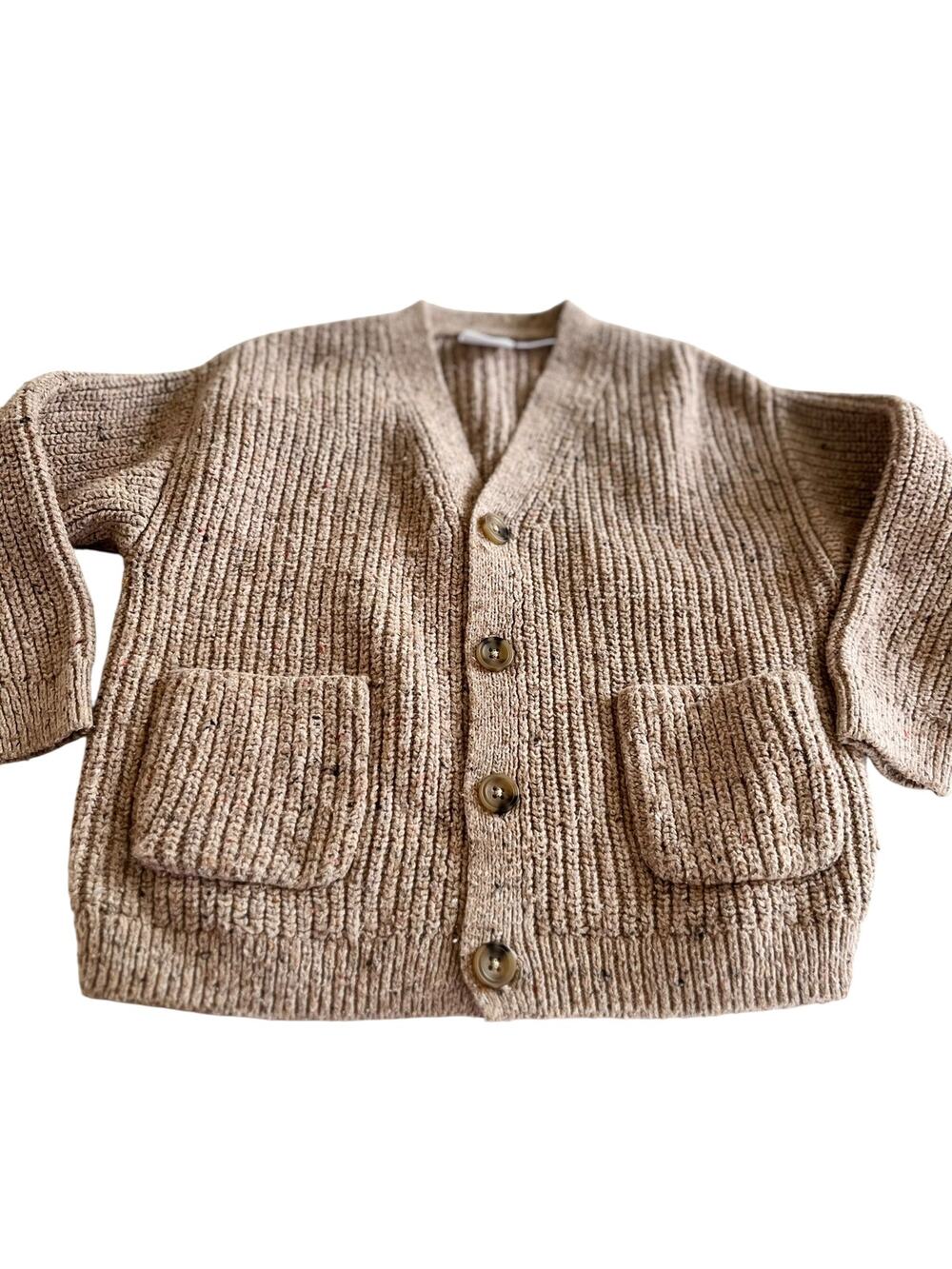 Zara Boys Tan Marled Ribbed Chunky Knit V-Neck Cardigan Sweater Size 4 EUC